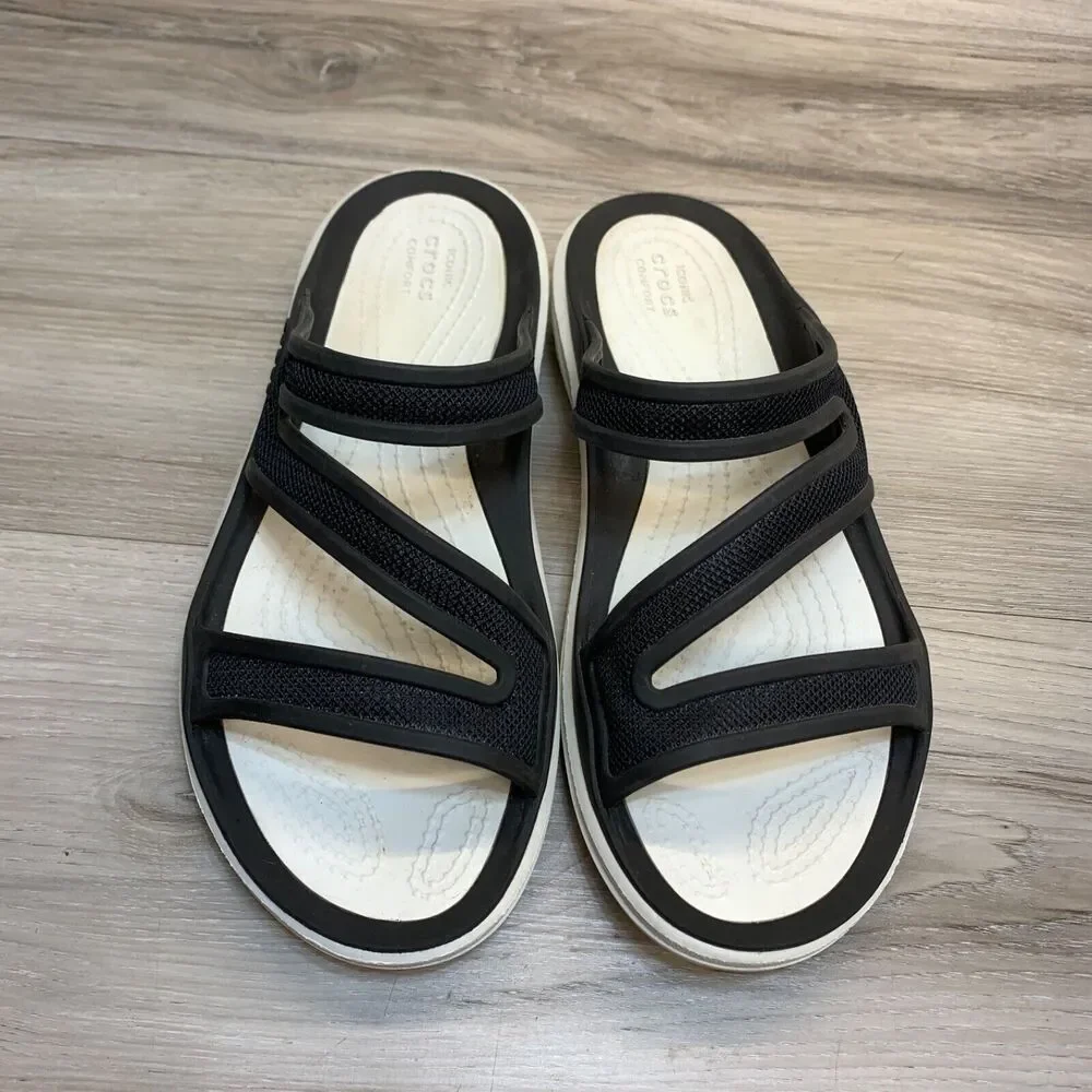 Crocs Womens Swiftwater Slide Sandals Strappy Sports Wear Comfort‎ White Black 6